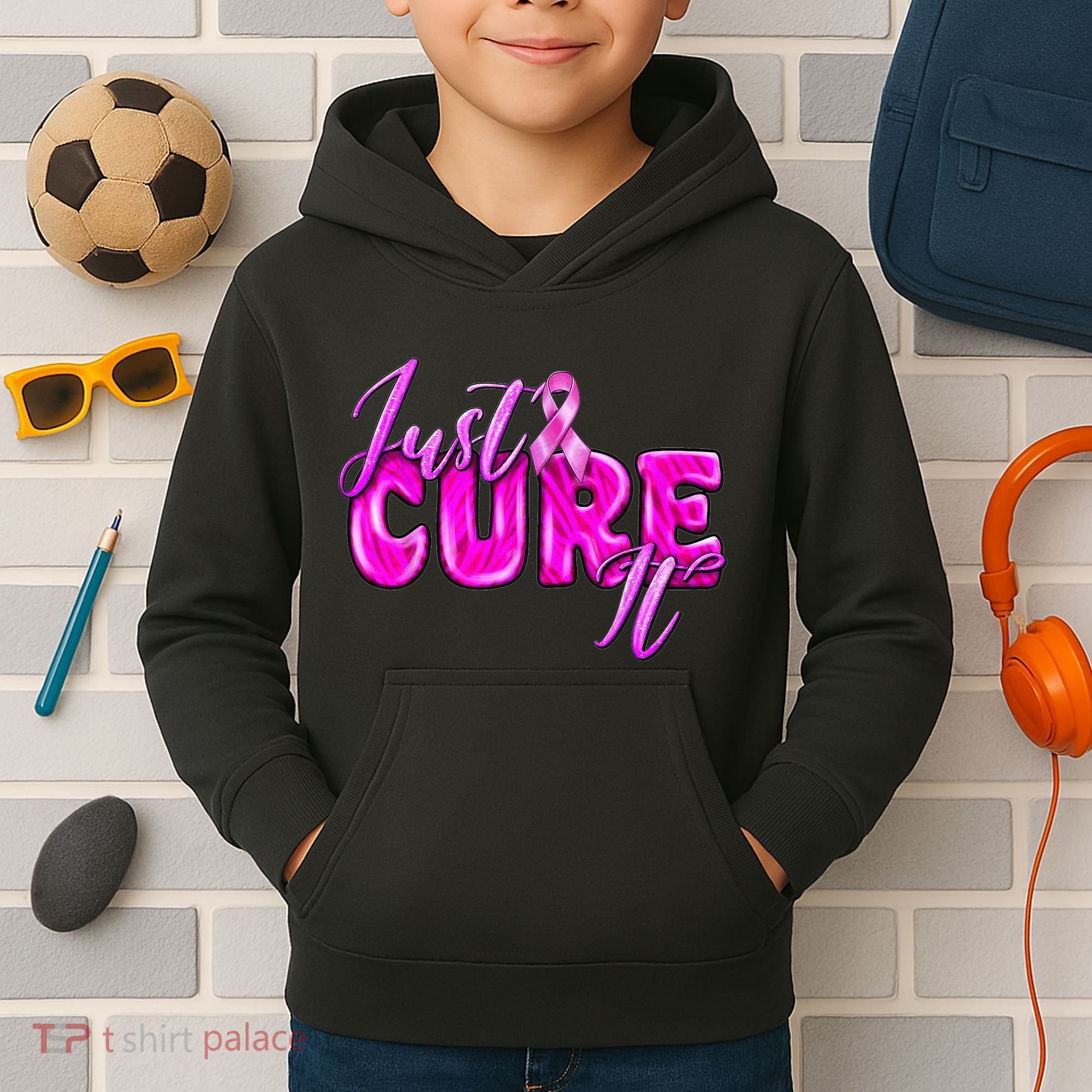 Just Cure It Pink Ribbon Breast Cancer Awareness Warrior Kids Hoodie