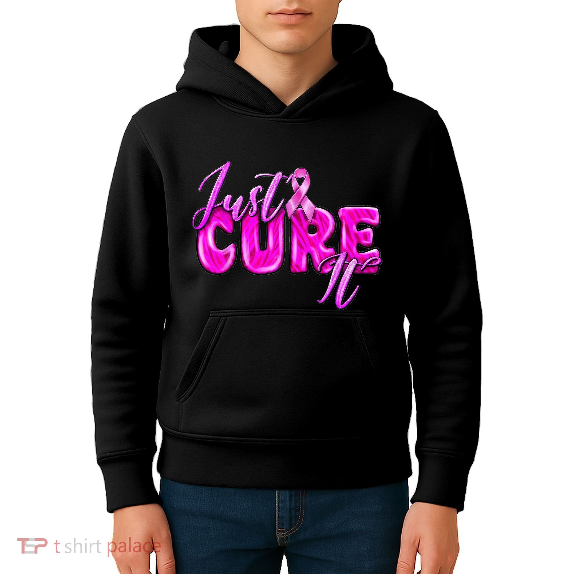 Just Cure It Pink Ribbon Breast Cancer Awareness Warrior Kids Hoodie