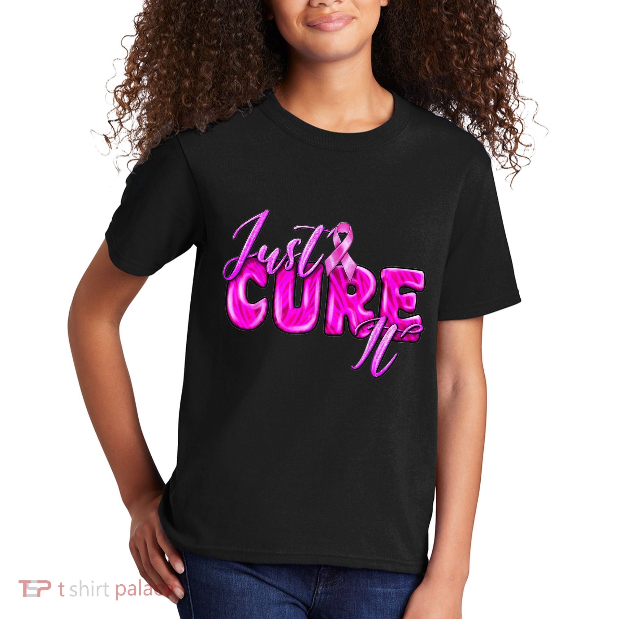 Just Cure It Pink Ribbon Breast Cancer Awareness Warrior Kids T-Shirt