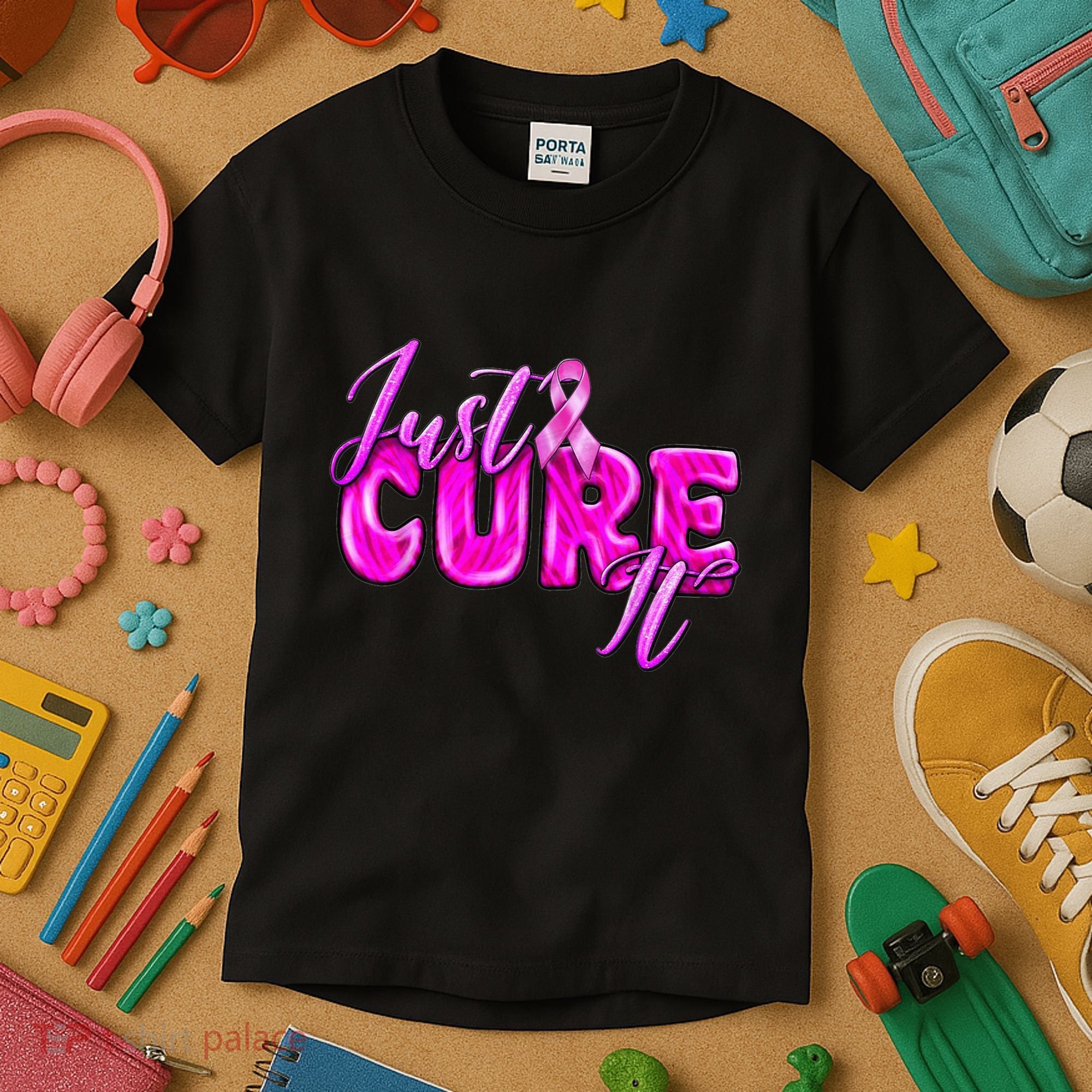 Just Cure It Pink Ribbon Breast Cancer Awareness Warrior Kids T-Shirt