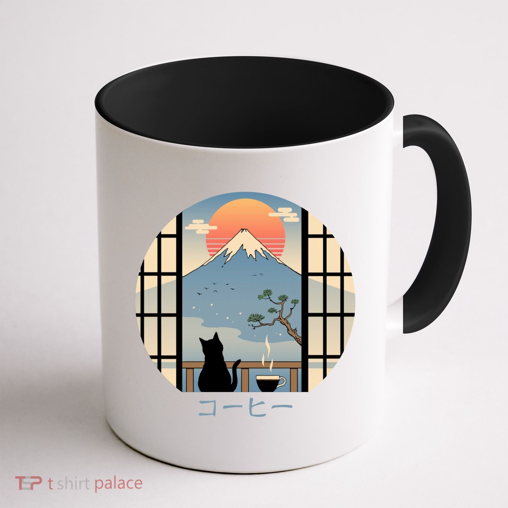 Japanese Cat Mountain Sunset Coffee Mug