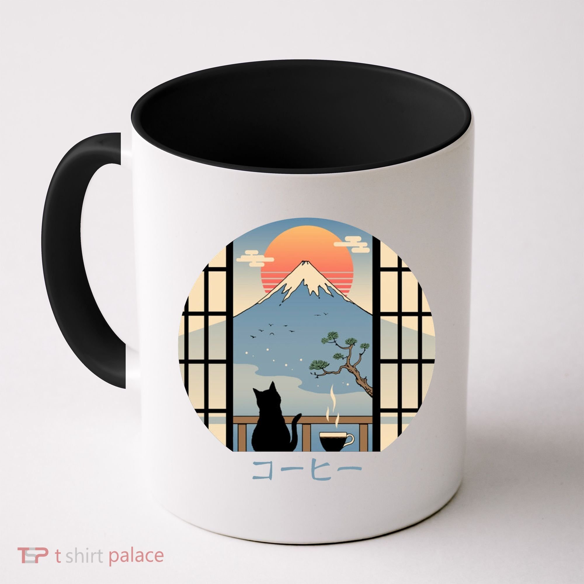 Japanese Cat Mountain Sunset Coffee Mug