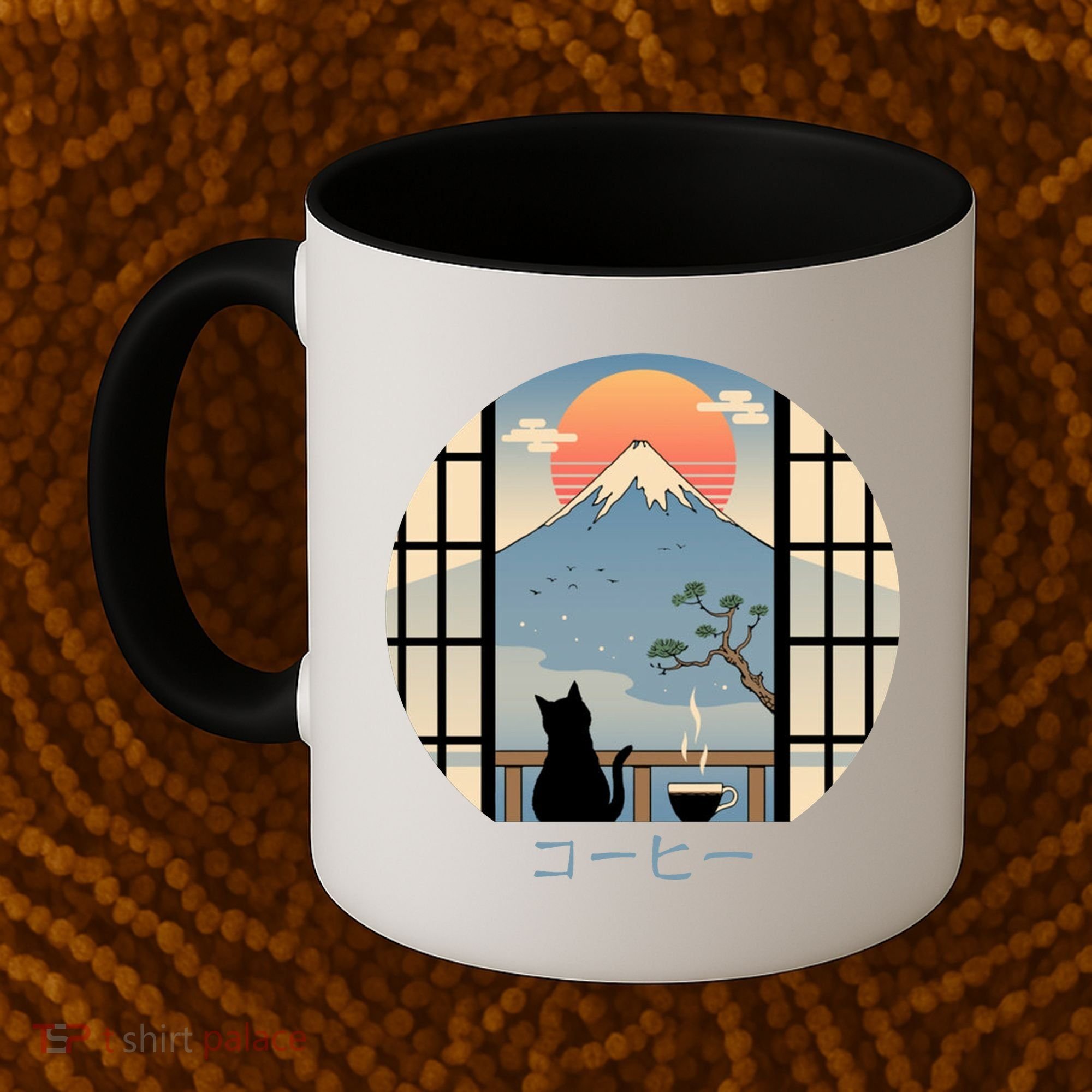 Japanese Cat Mountain Sunset Coffee Mug
