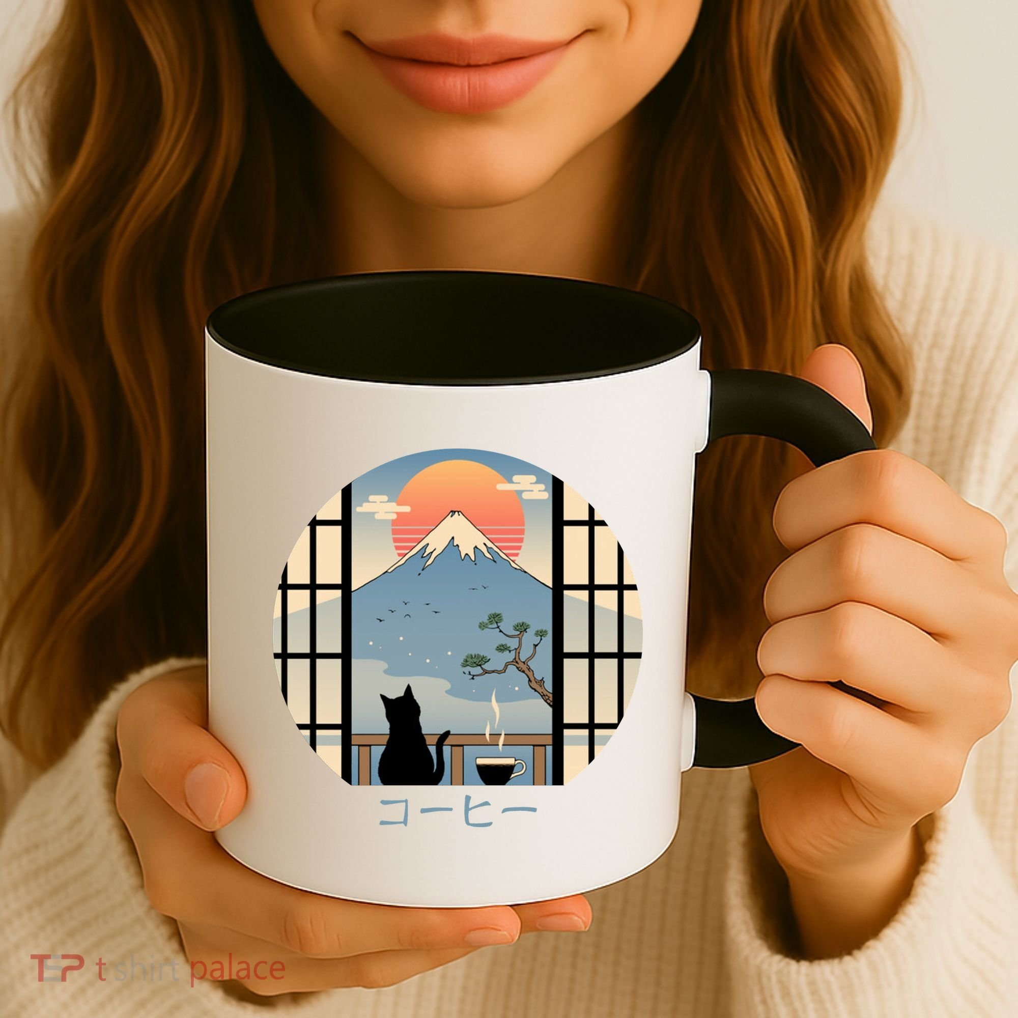Japanese Cat Mountain Sunset Coffee Mug