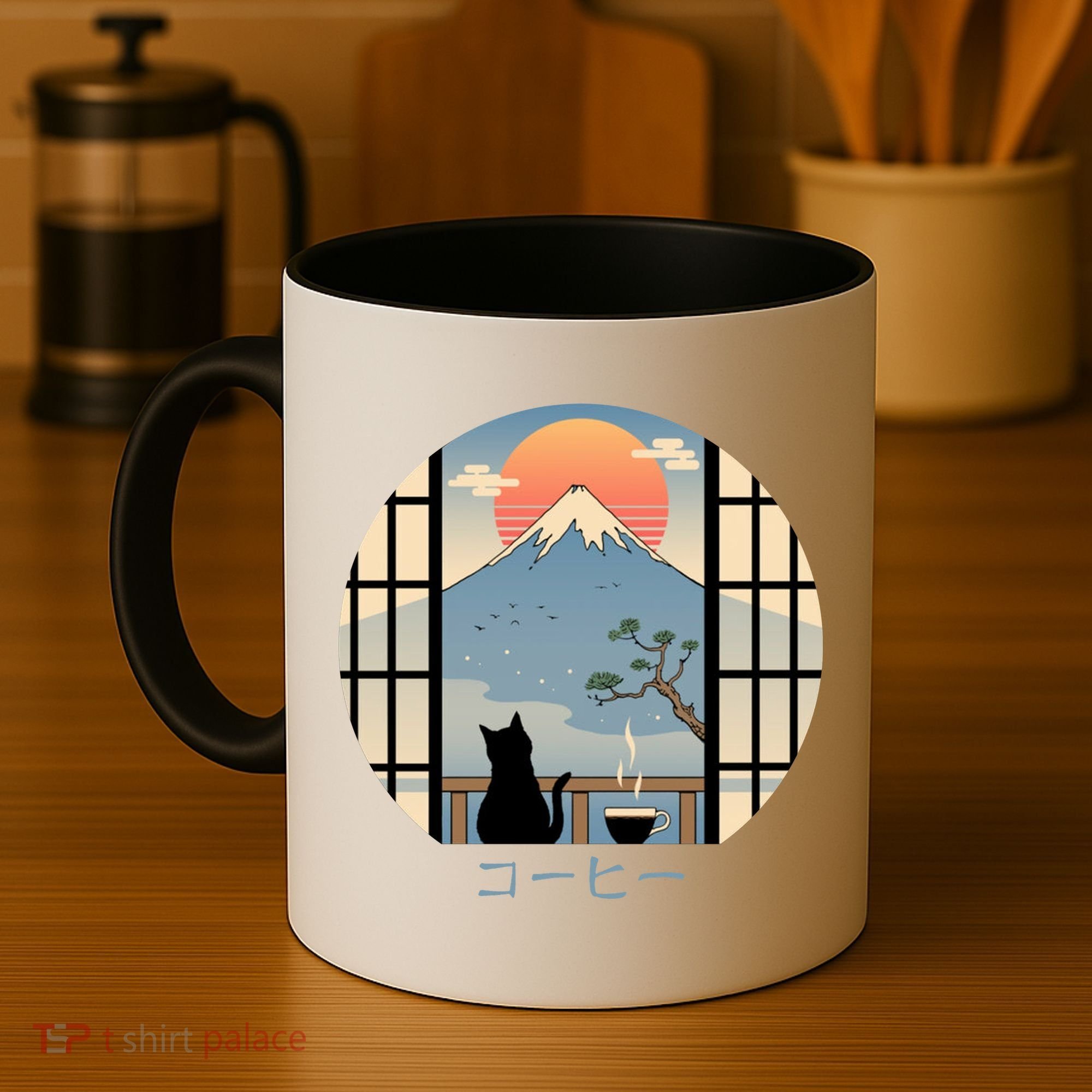 Japanese Cat Mountain Sunset Coffee Mug