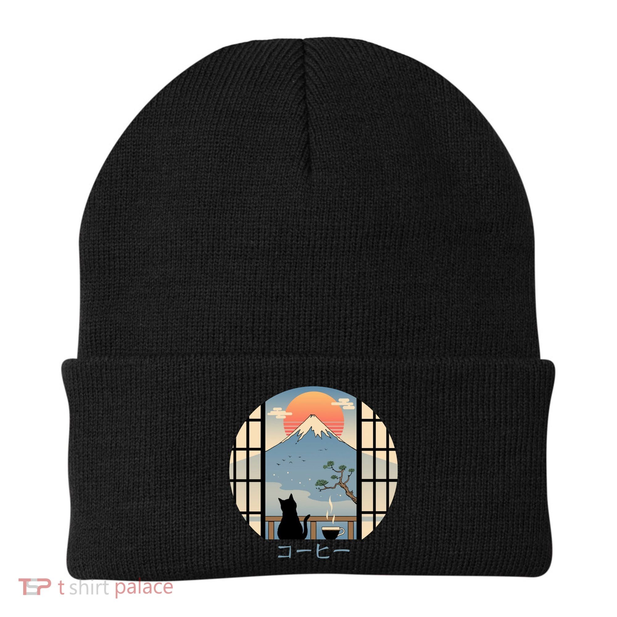 Japanese Cat Mountain Sunset Beanie