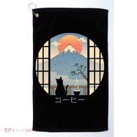 Japanese Cat Mountain Sunset Golf Towel thumb 0