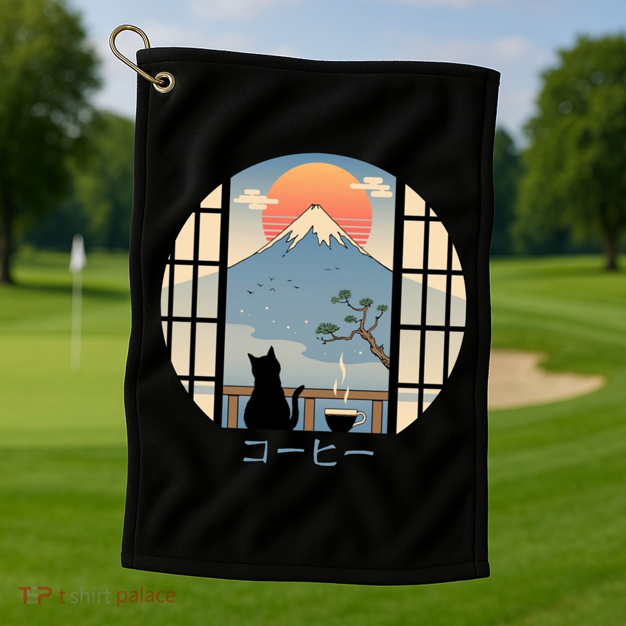 Japanese Cat Mountain Sunset Golf Towel