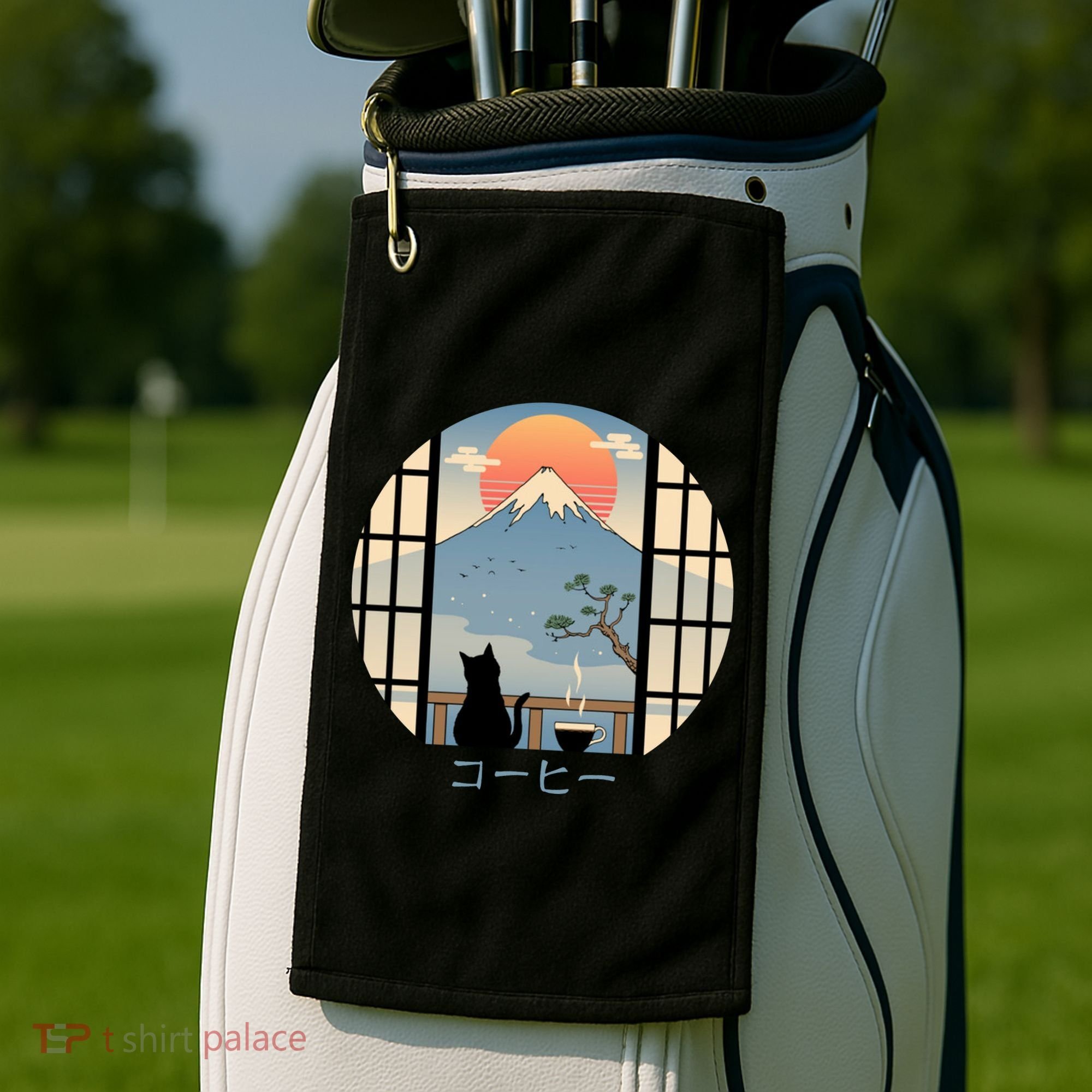 Japanese Cat Mountain Sunset Golf Towel