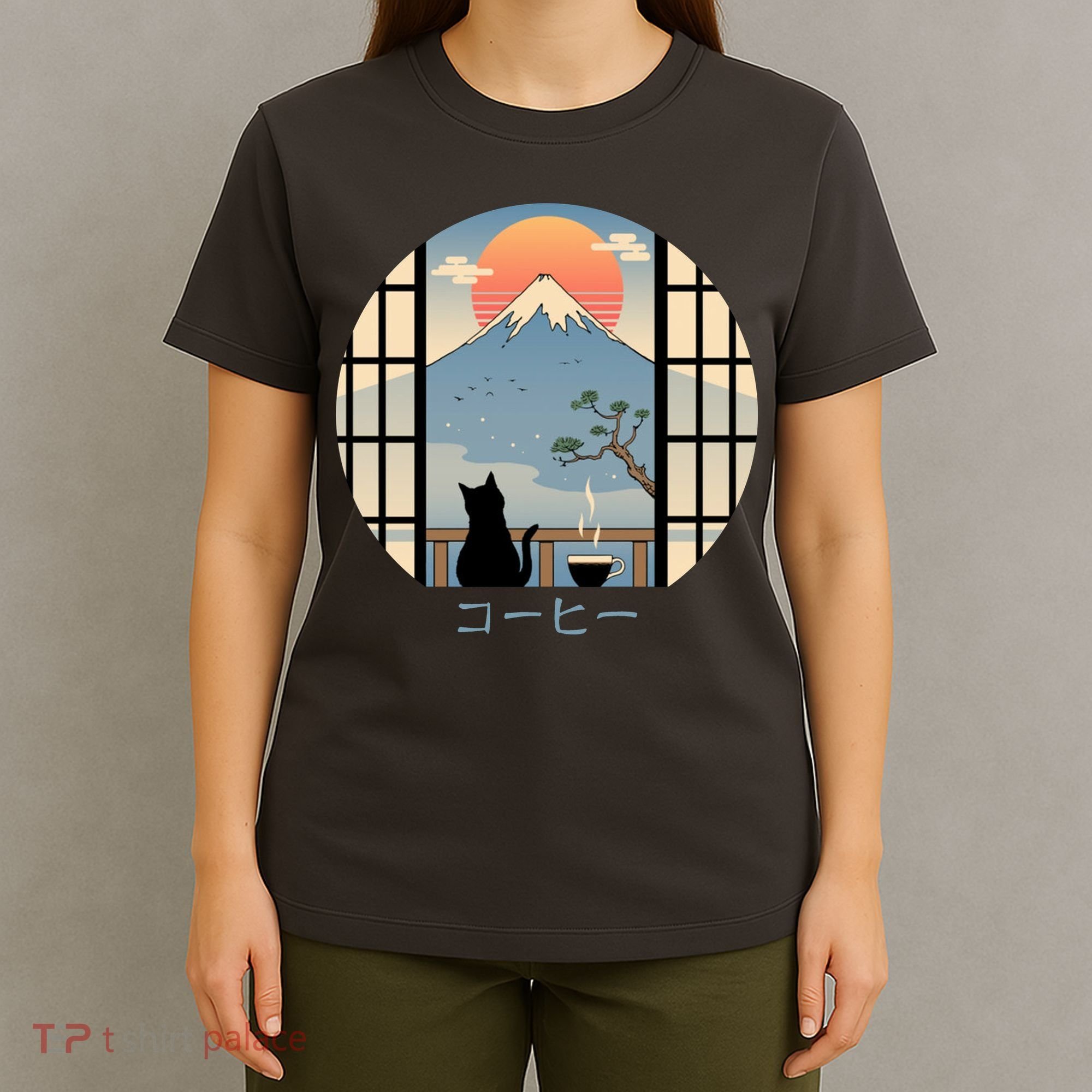 Japanese Cat Mountain Sunset T-Shirt