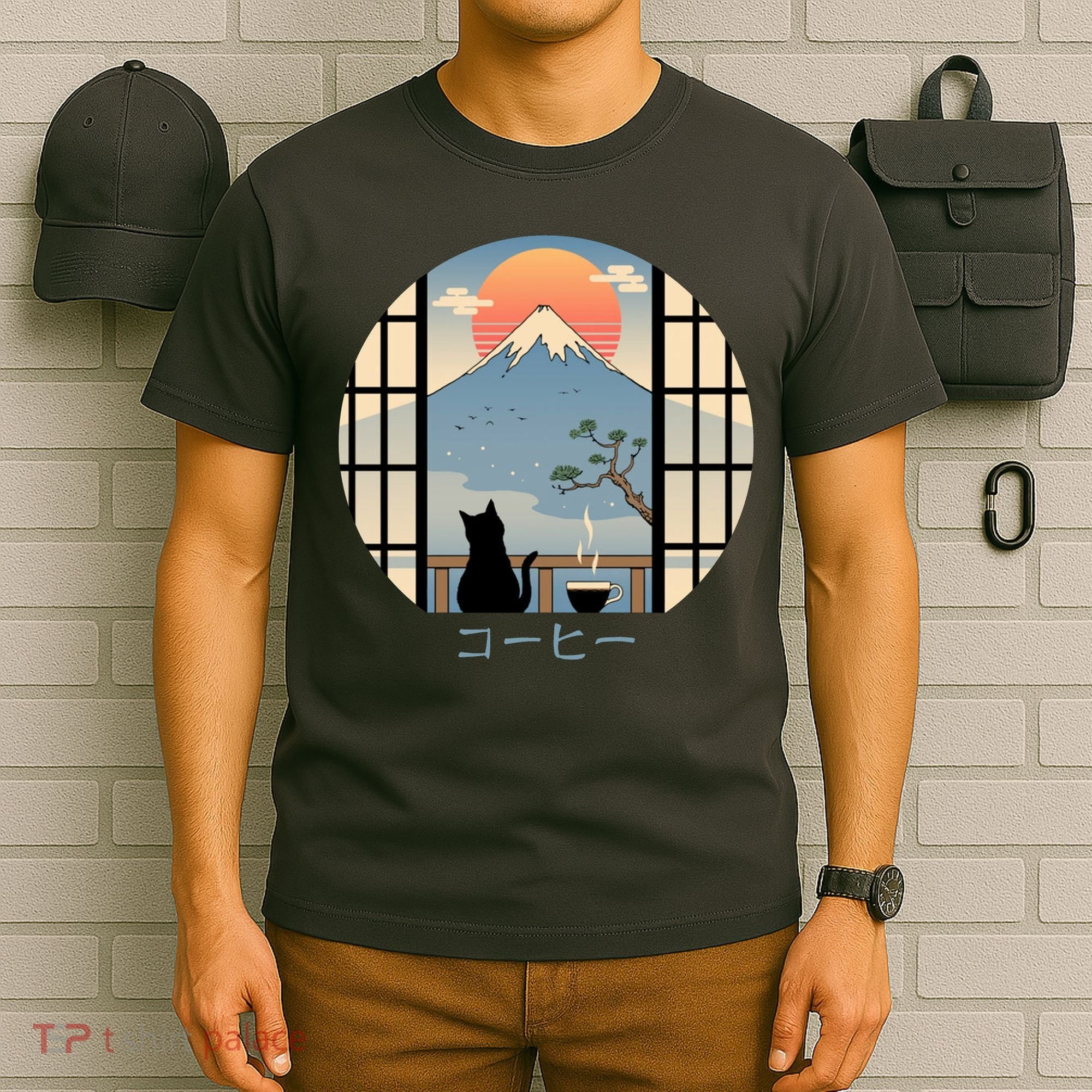 Japanese Cat Mountain Sunset T-Shirt