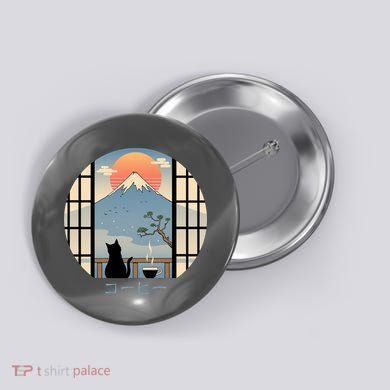 Japanese Cat Mountain Sunset Button
