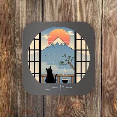 Japanese Cat Mountain Sunset Coaster