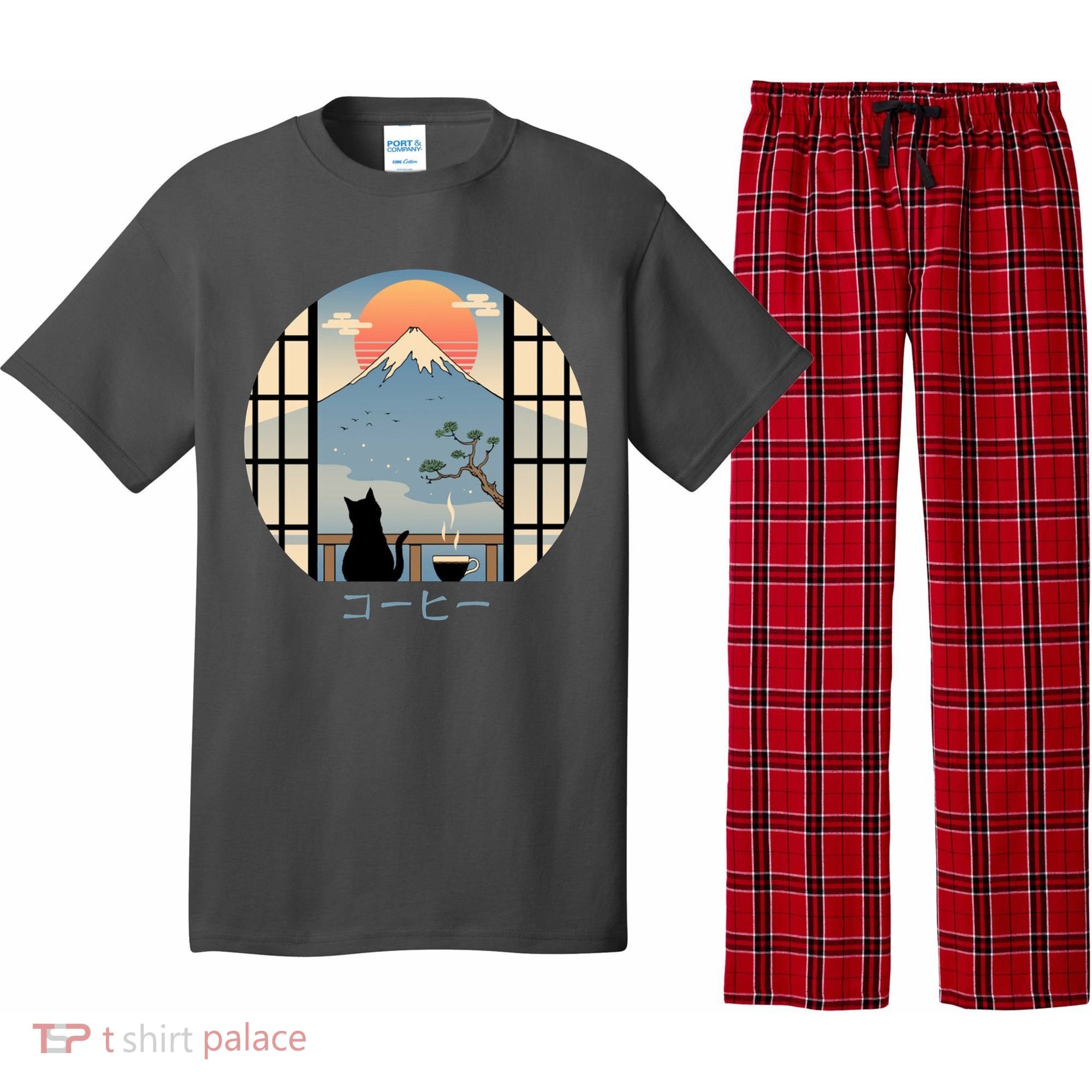 Japanese Cat Mountain Sunset Pajama Set