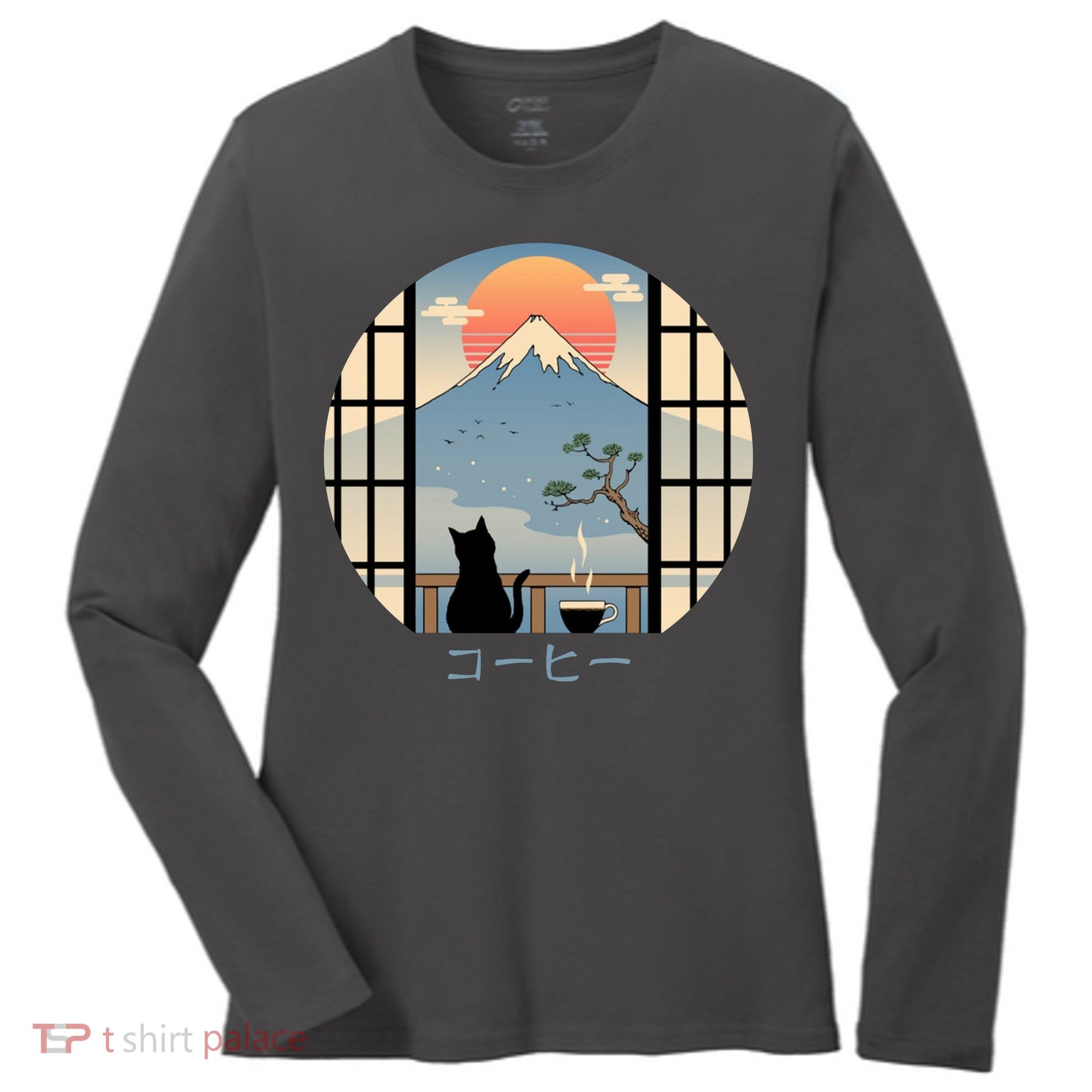 Japanese Cat Mountain Sunset Women's Long Sleeve Shirt