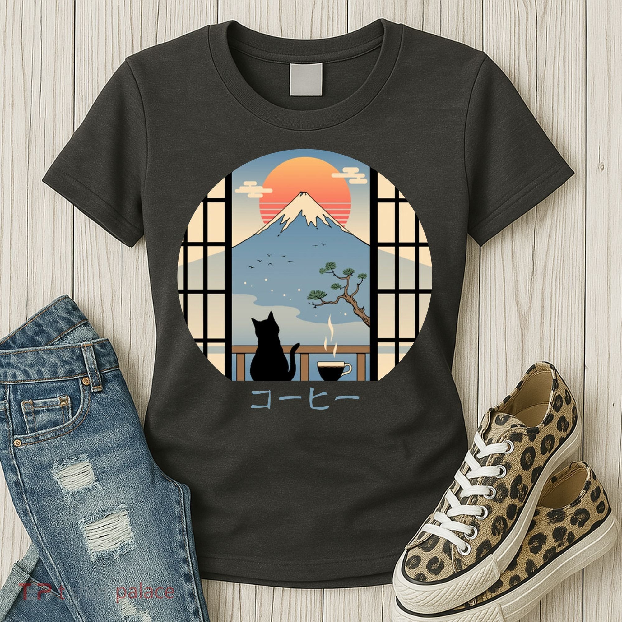 Japanese Cat Mountain Sunset Women's T-Shirt
