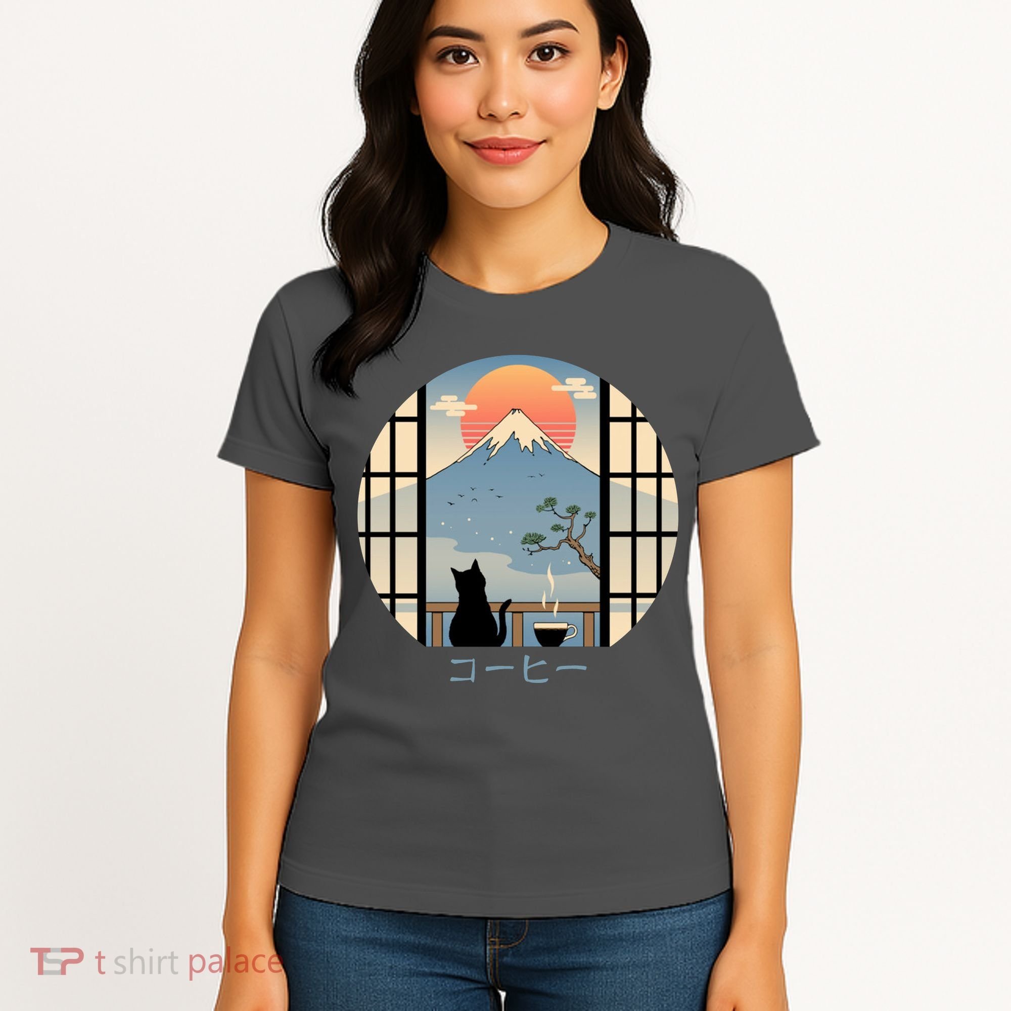 Japanese Cat Mountain Sunset Women's T-Shirt