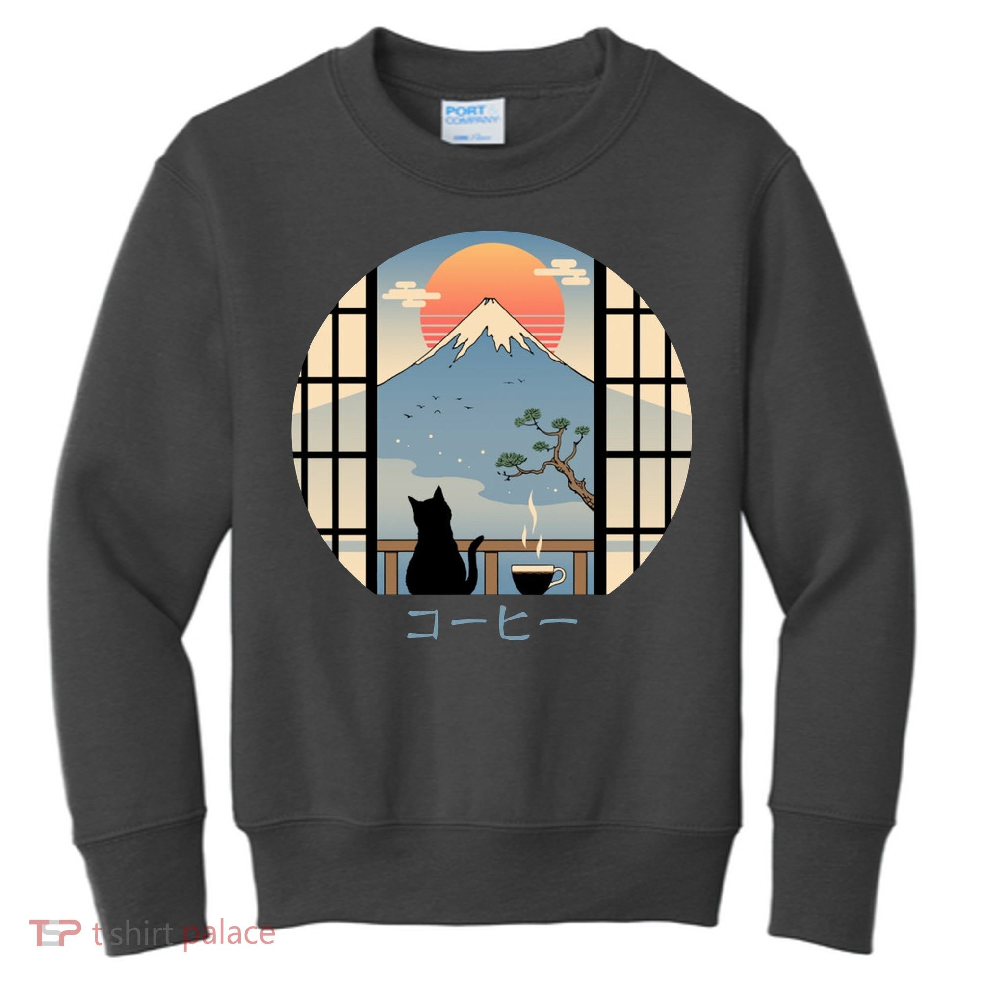 Japanese Cat Mountain Sunset Kids Sweatshirt