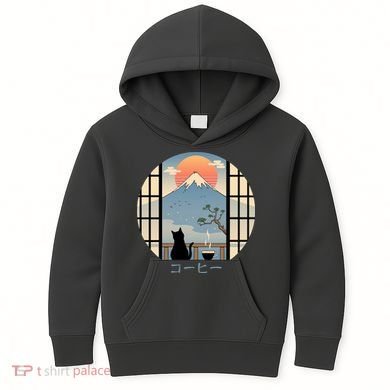 Japanese Cat Mountain Sunset Kids Hoodie