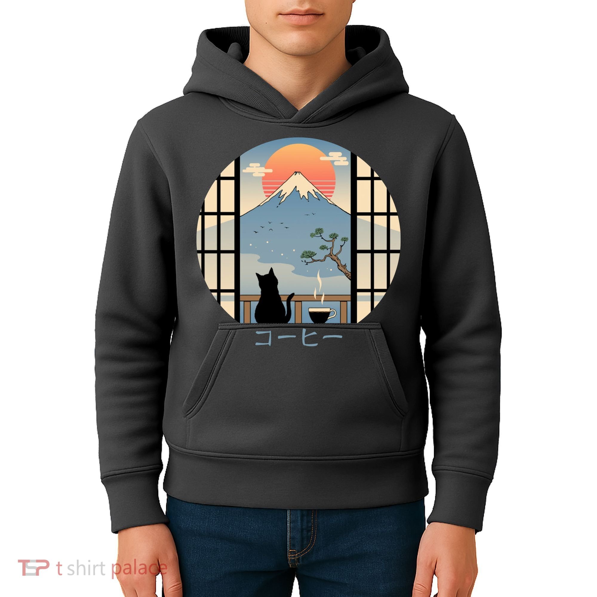 Japanese Cat Mountain Sunset Kids Hoodie