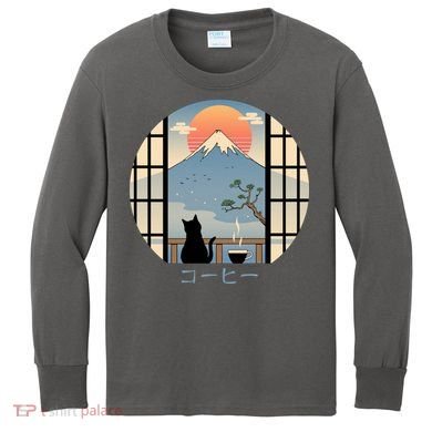 Japanese Cat Mountain Sunset Kids Long Sleeve Shirt