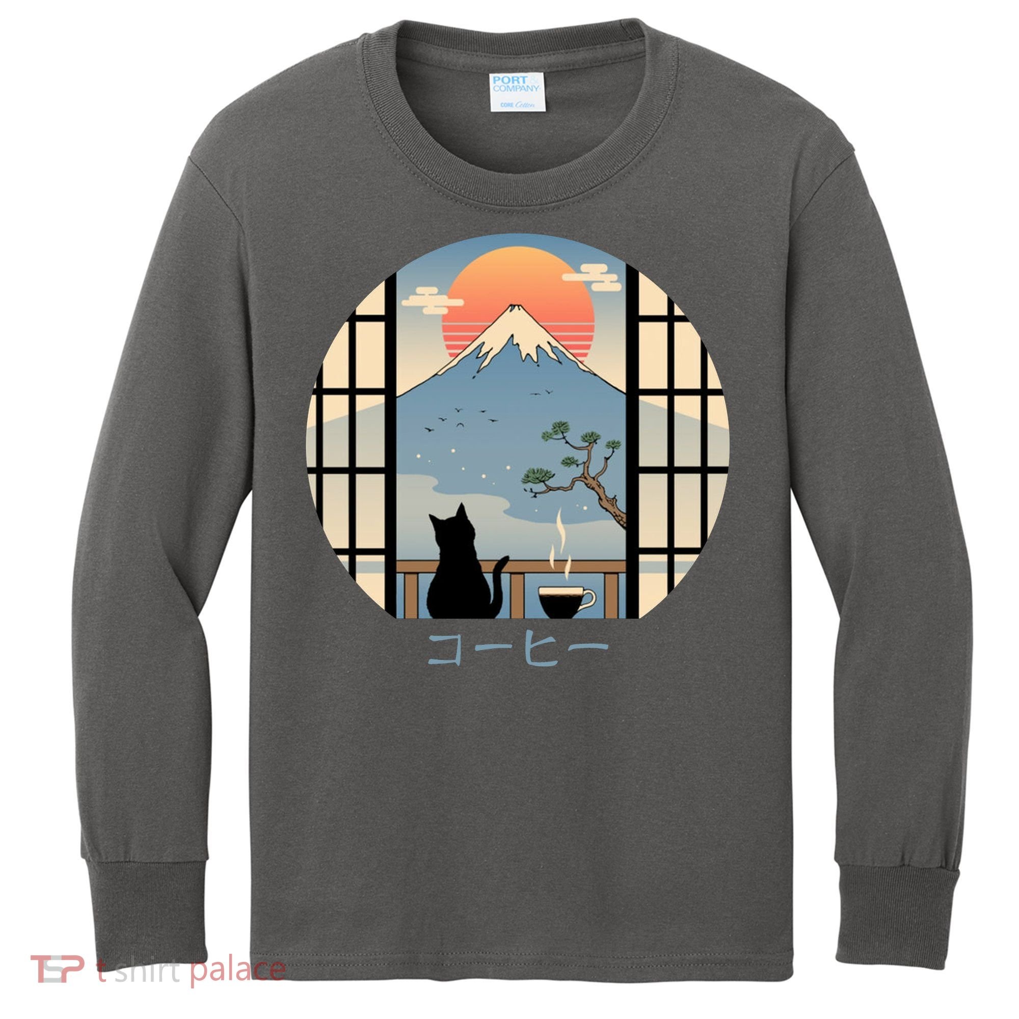 Japanese Cat Mountain Sunset Kids Long Sleeve Shirt