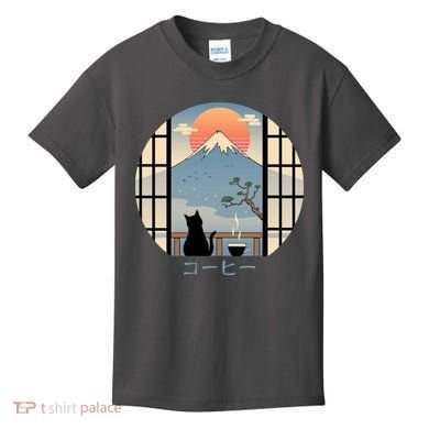Japanese Cat Mountain Sunset Kids T-Shirt