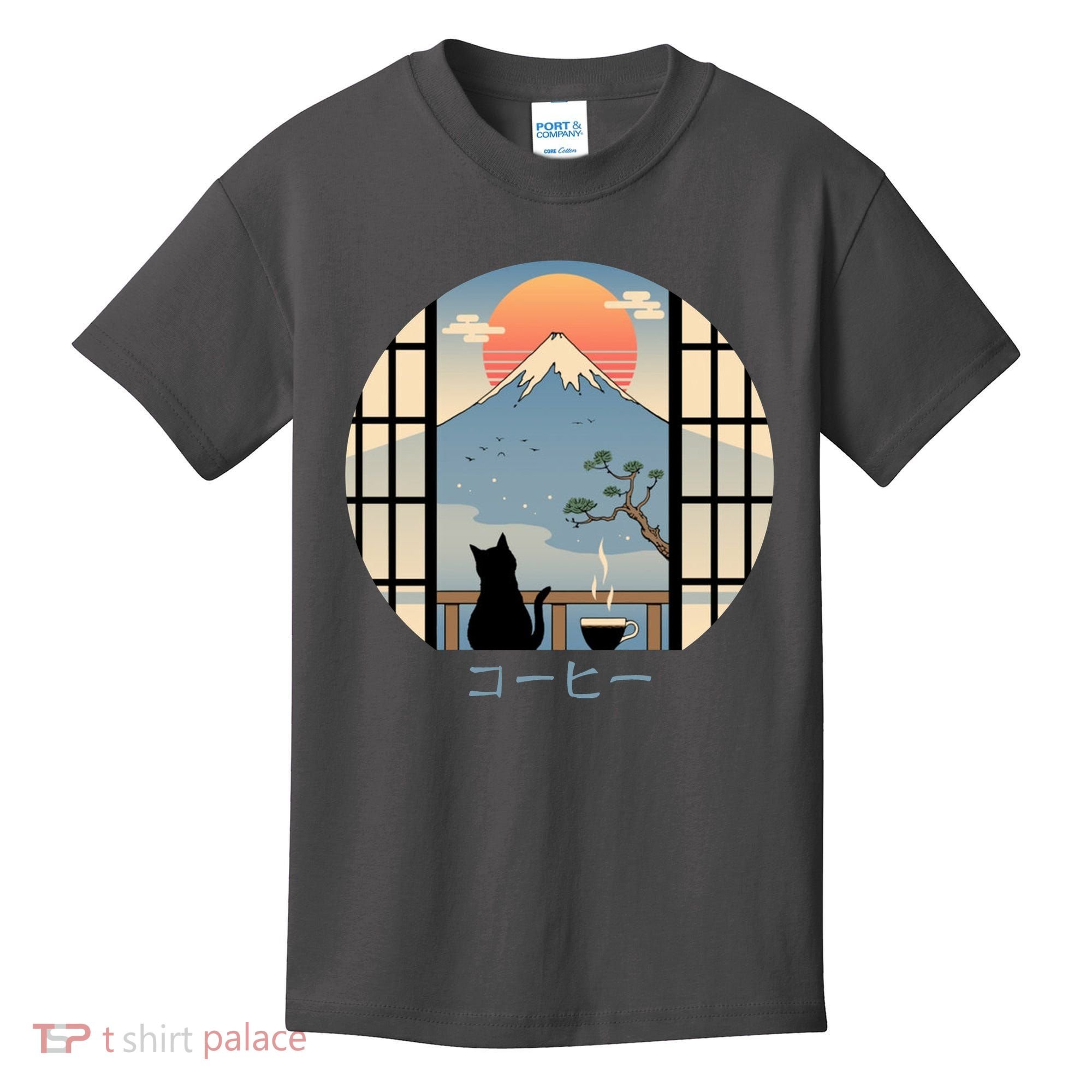 Japanese Cat Mountain Sunset Kids T-Shirt