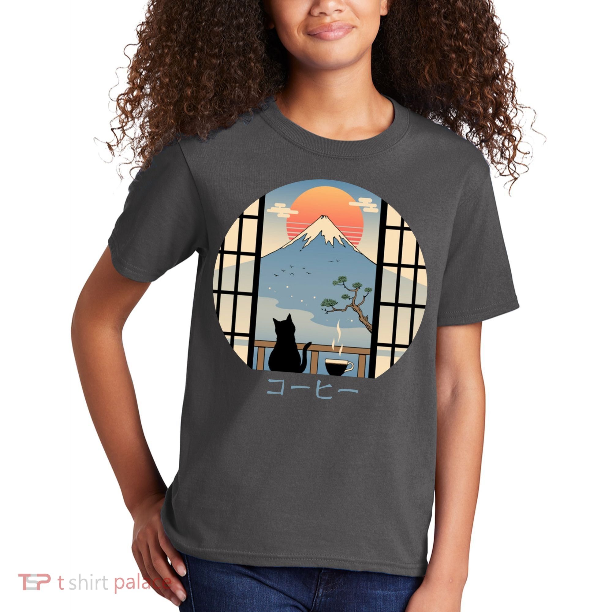 Japanese Cat Mountain Sunset Kids T-Shirt