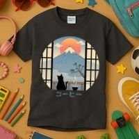 Japanese Cat Mountain Sunset Kids T-Shirt thumb 3