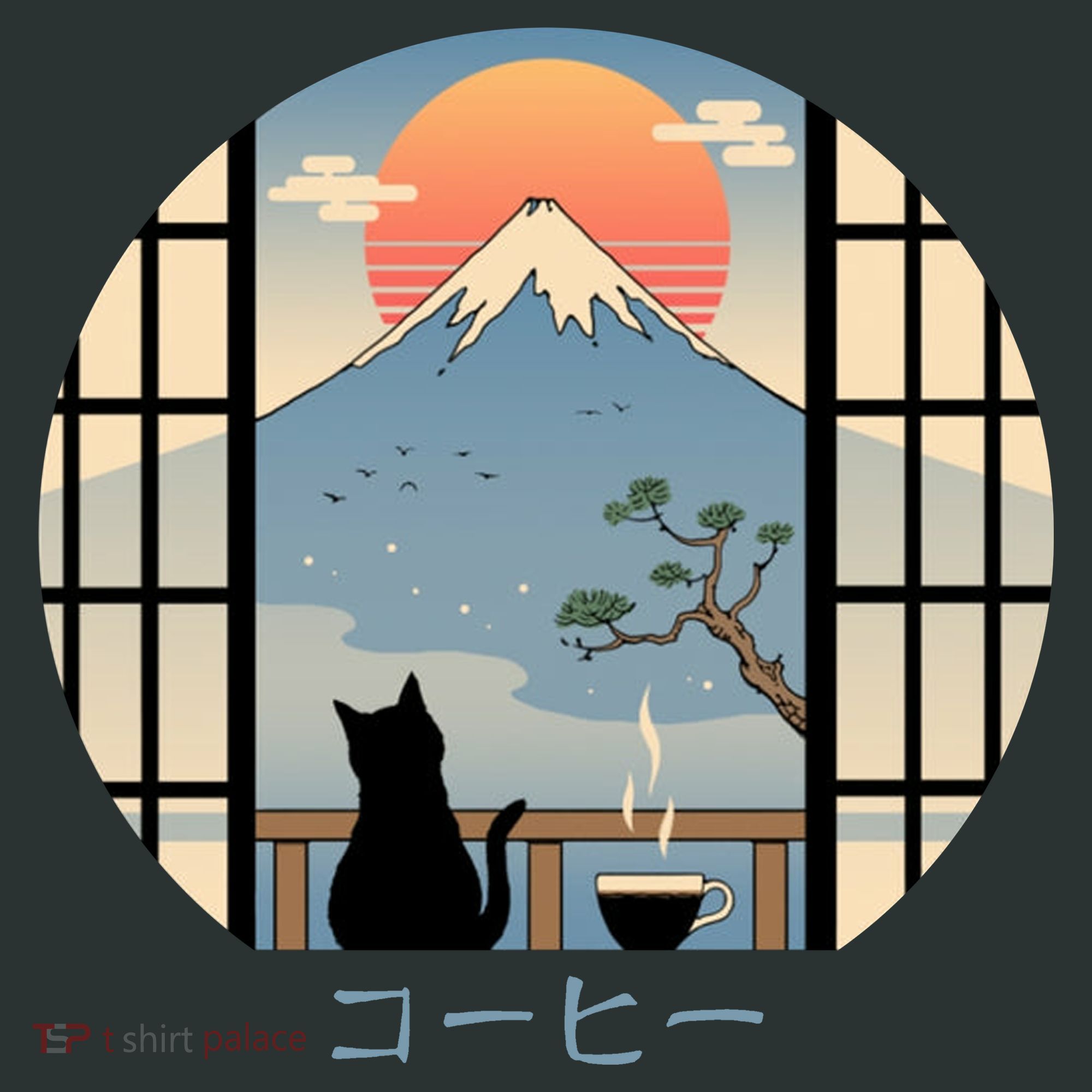 Japanese Cat Mountain Sunset Kids T-Shirt