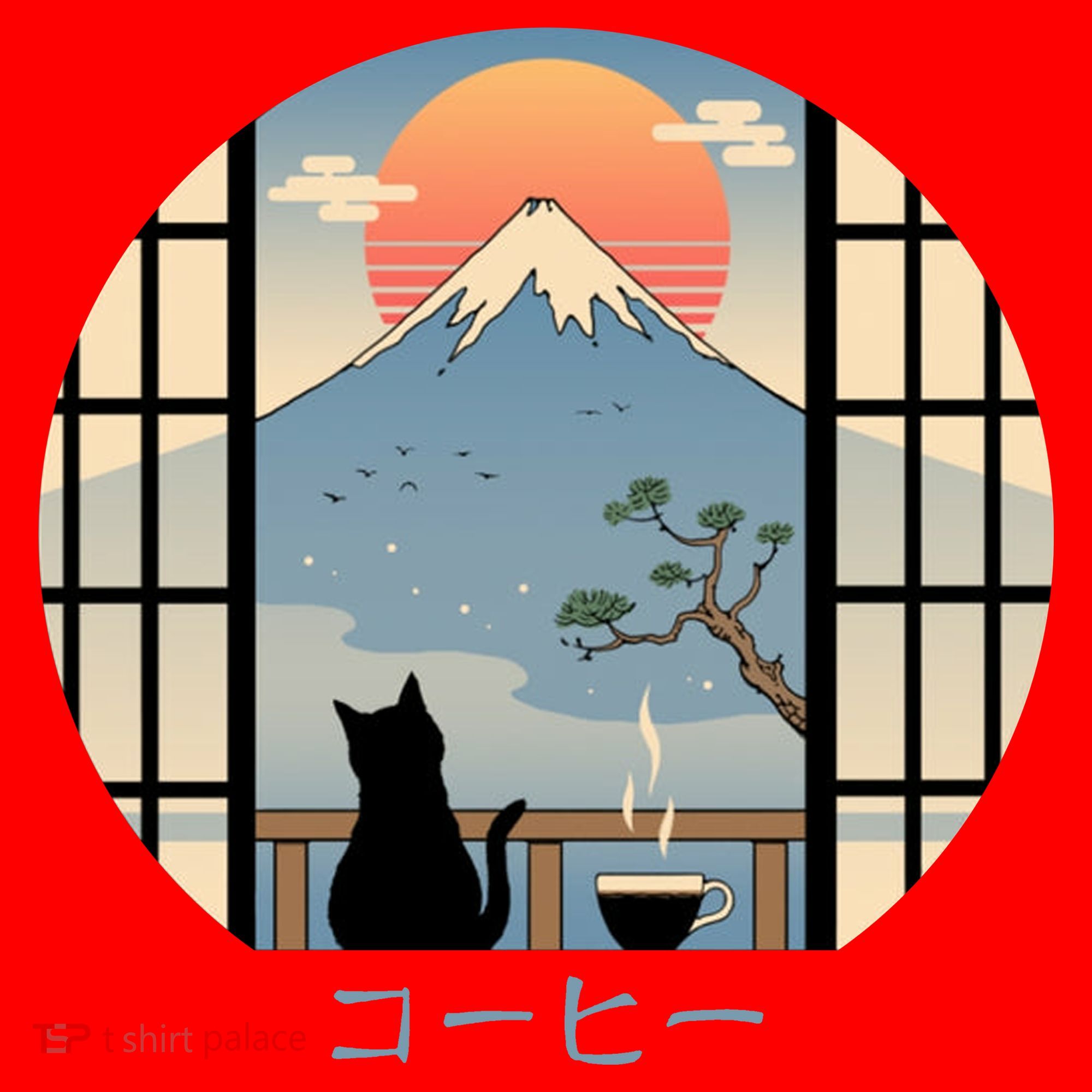 Japanese Cat Mountain Sunset Santa Hat