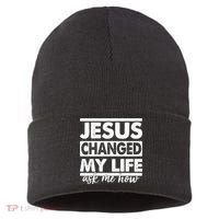 Jesus Changed My Life Ask Me How Sustainable Knit Beanie thumb 0