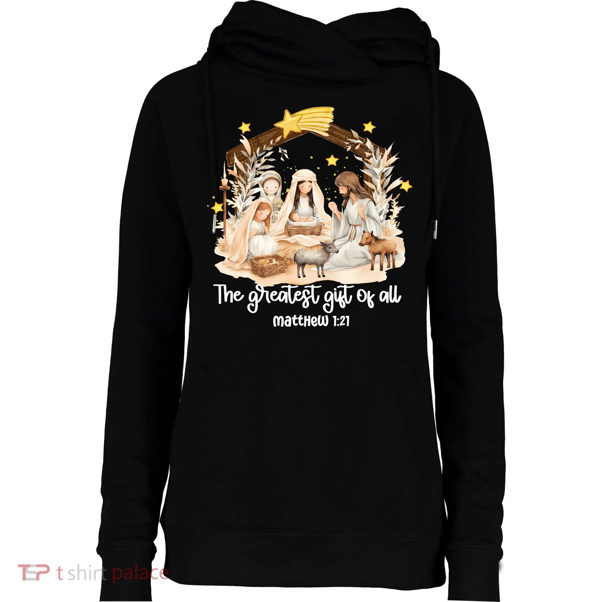 Jesus Christmas Nativity Scene Womens Funnel Neck Pullover Hood