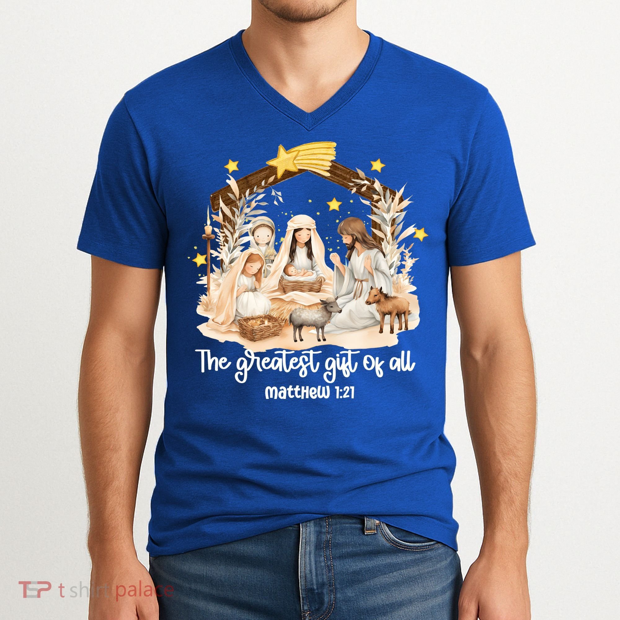 Jesus Christmas Nativity Scene V-Neck T-Shirt