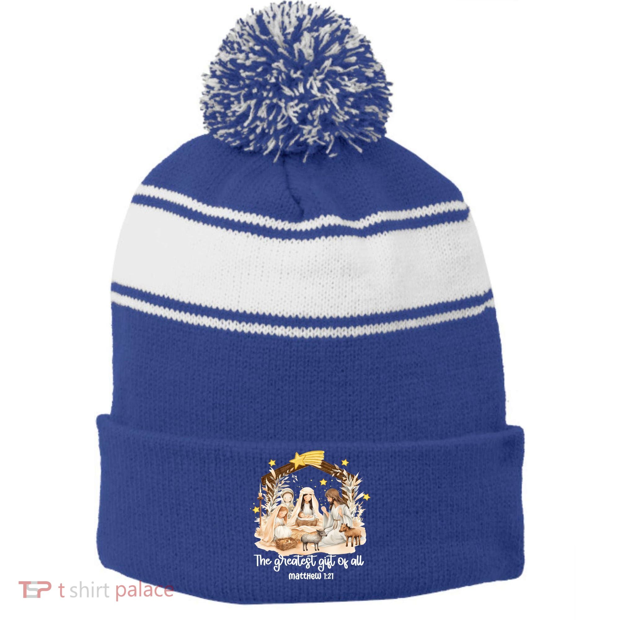 Jesus Christmas Nativity Scene Stripe Pom Pom Beanie