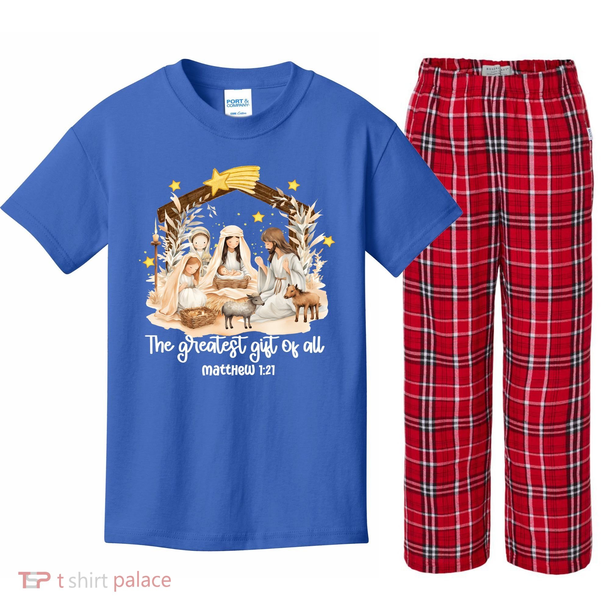 Jesus Christmas Nativity Scene Kids Plaid Pajama Set