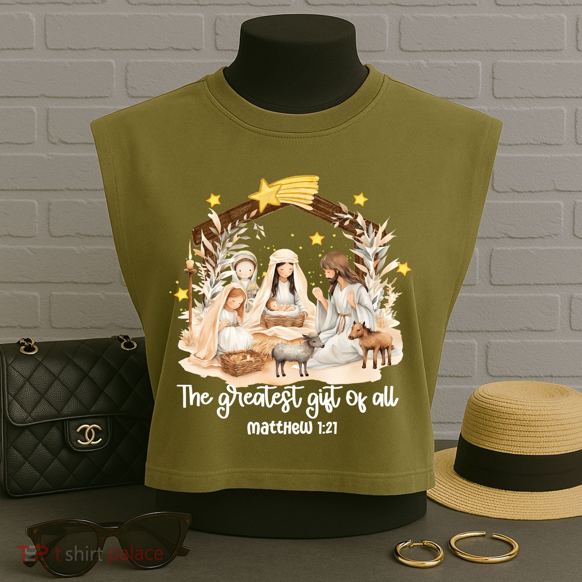 Jesus Christmas Nativity Scene Garment-Dyed Women's Muscle Tee