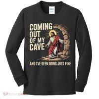 Jesus Coming Out Of My Cave And Ive Been Doing Just Fine Kids Long Sleeve Shirt thumb 0