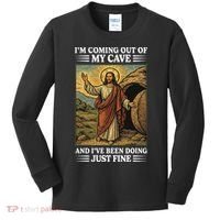 Jesus Coming Out Of My Cave And Ive Been Doing Just Fine Kids Long Sleeve Shirt thumb 0