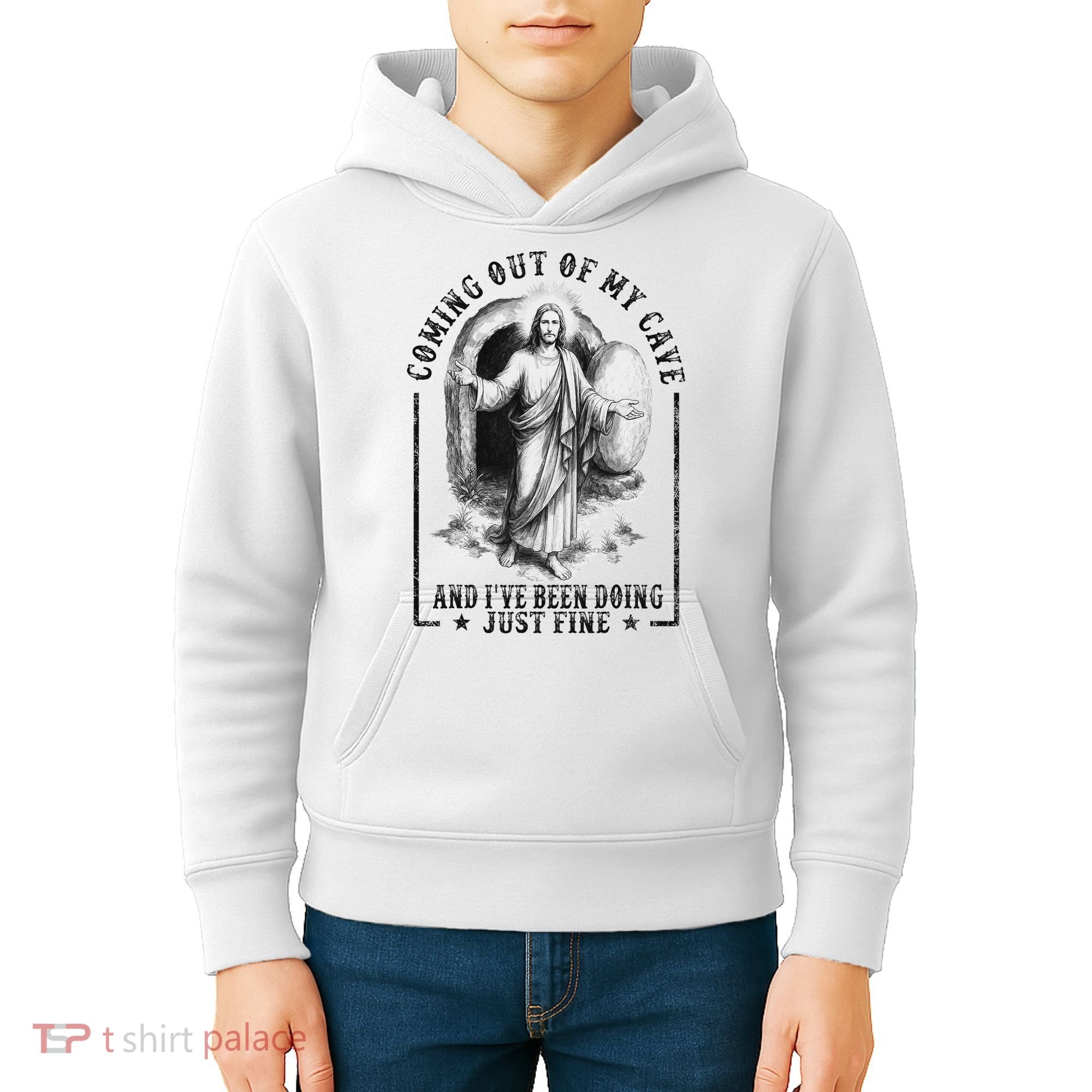 Jesus Coming Out Of My Cave And I've Been Doing Just Fine Kids Hoodie
