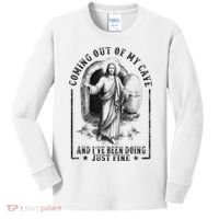 Jesus Coming Out Of My Cave And I've Been Doing Just Fine Kids Long Sleeve Shirt thumb 0