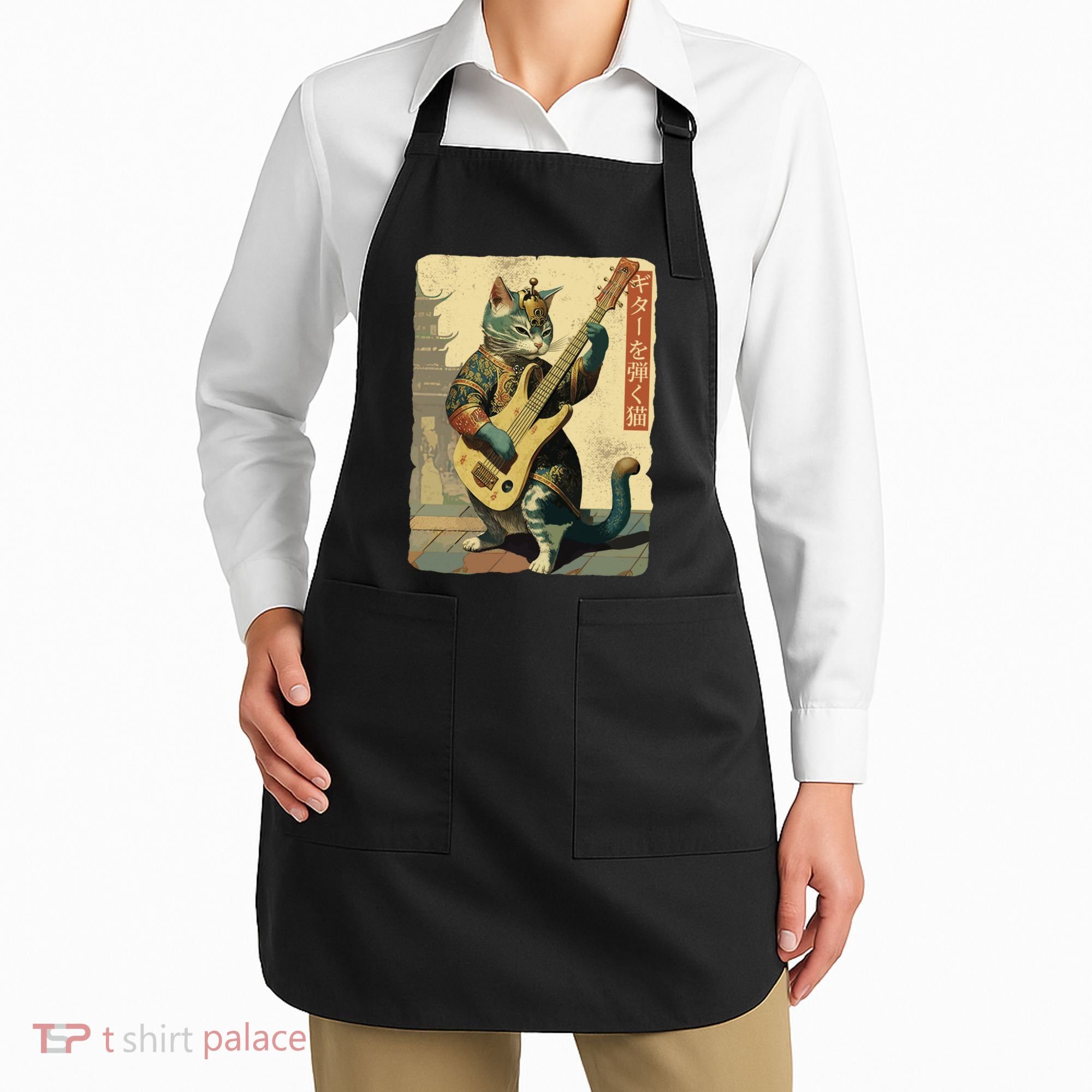 Japanese Cat Princess Playing The Electric Guitar Japanese Samurai Guitar Player Apron