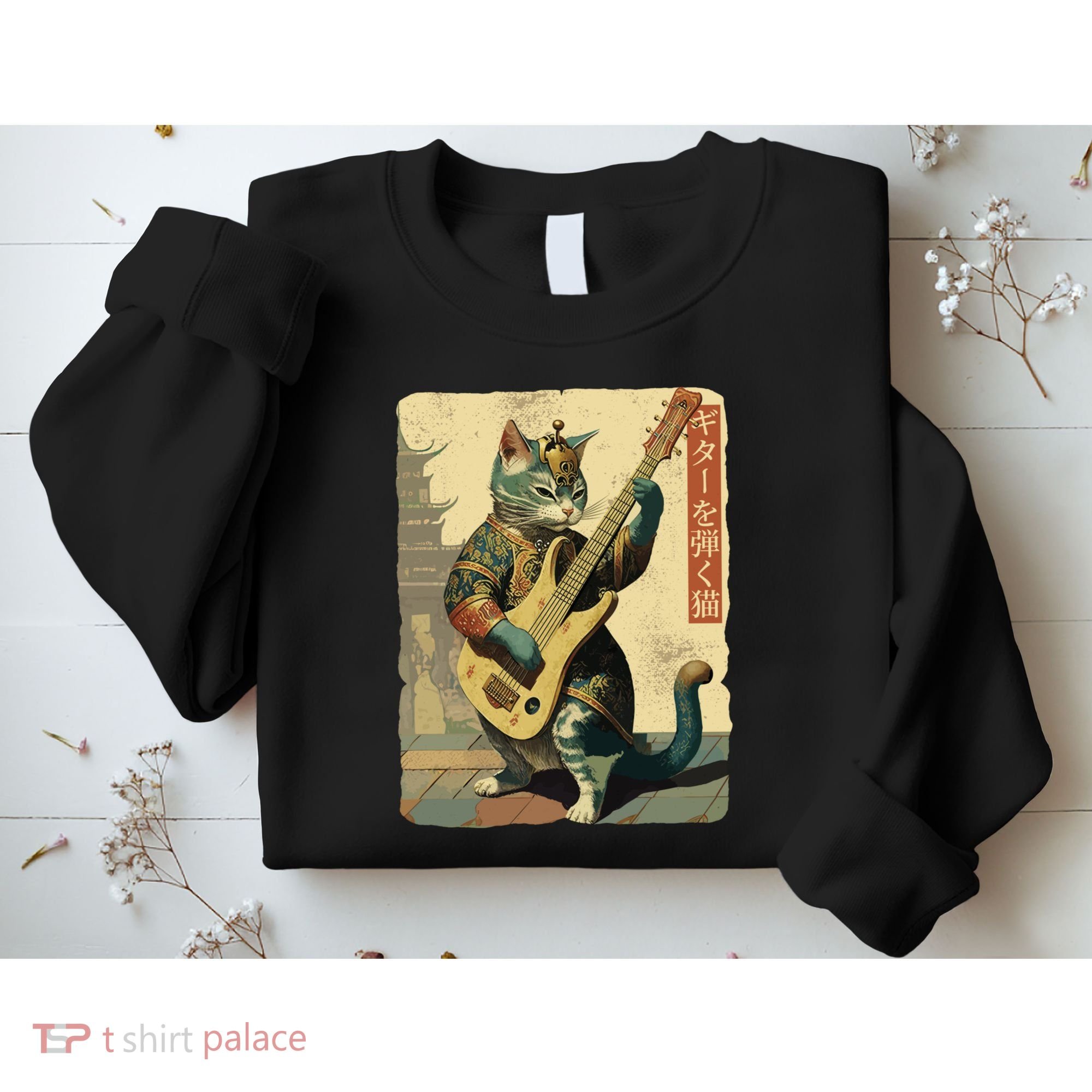 Japanese Cat Princess Playing The Electric Guitar Japanese Samurai Guitar Player Sweatshirt