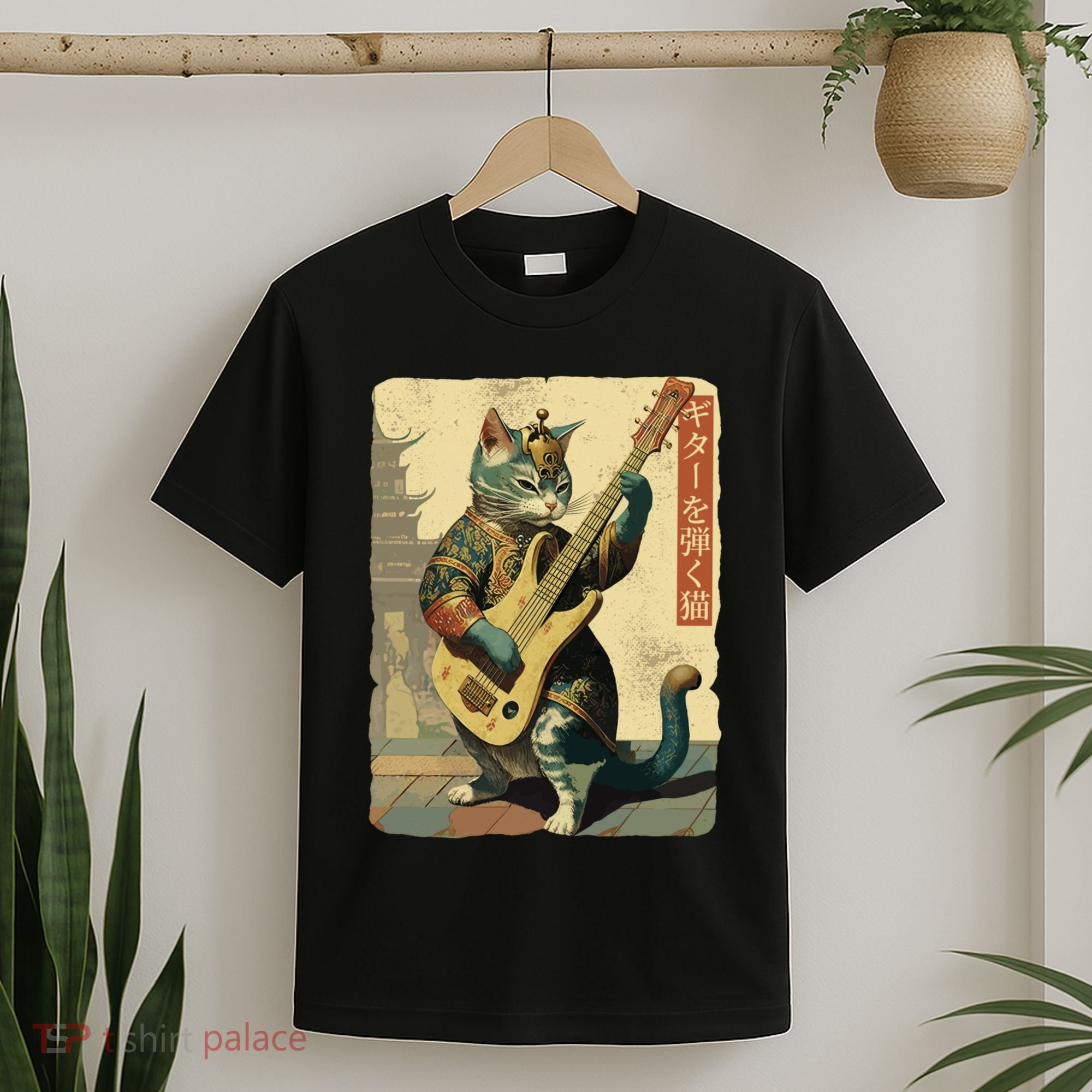 Japanese Cat Princess Playing The Electric Guitar Japanese Samurai Guitar Player T-Shirt