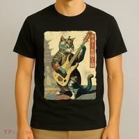Japanese Cat Princess Playing The Electric Guitar Japanese Samurai Guitar Player T-Shirt thumb 3