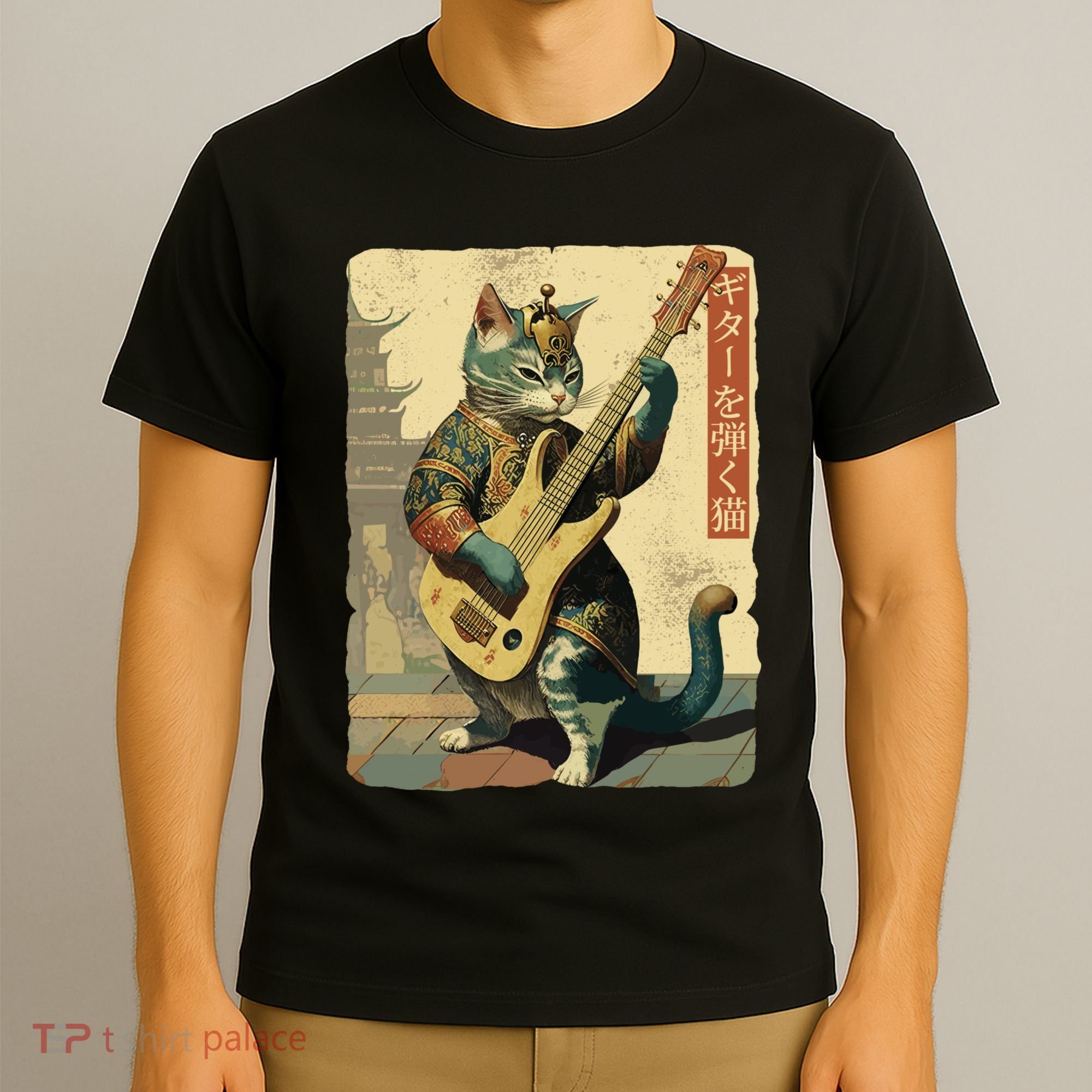 Japanese Cat Princess Playing The Electric Guitar Japanese Samurai Guitar Player T-Shirt