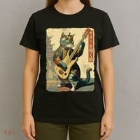 Japanese Cat Princess Playing The Electric Guitar Japanese Samurai Guitar Player T-Shirt thumb 4