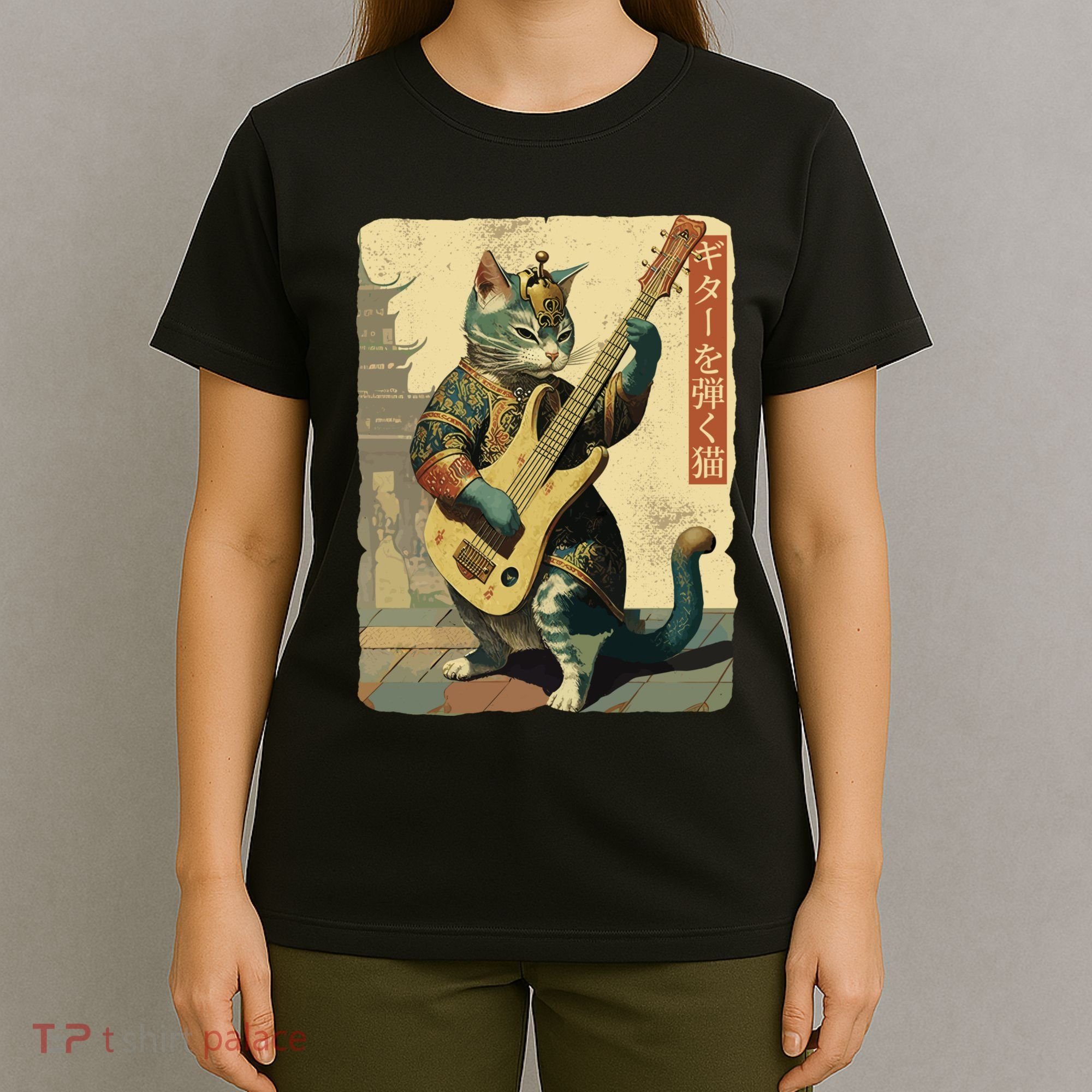 Japanese Cat Princess Playing The Electric Guitar Japanese Samurai Guitar Player T-Shirt