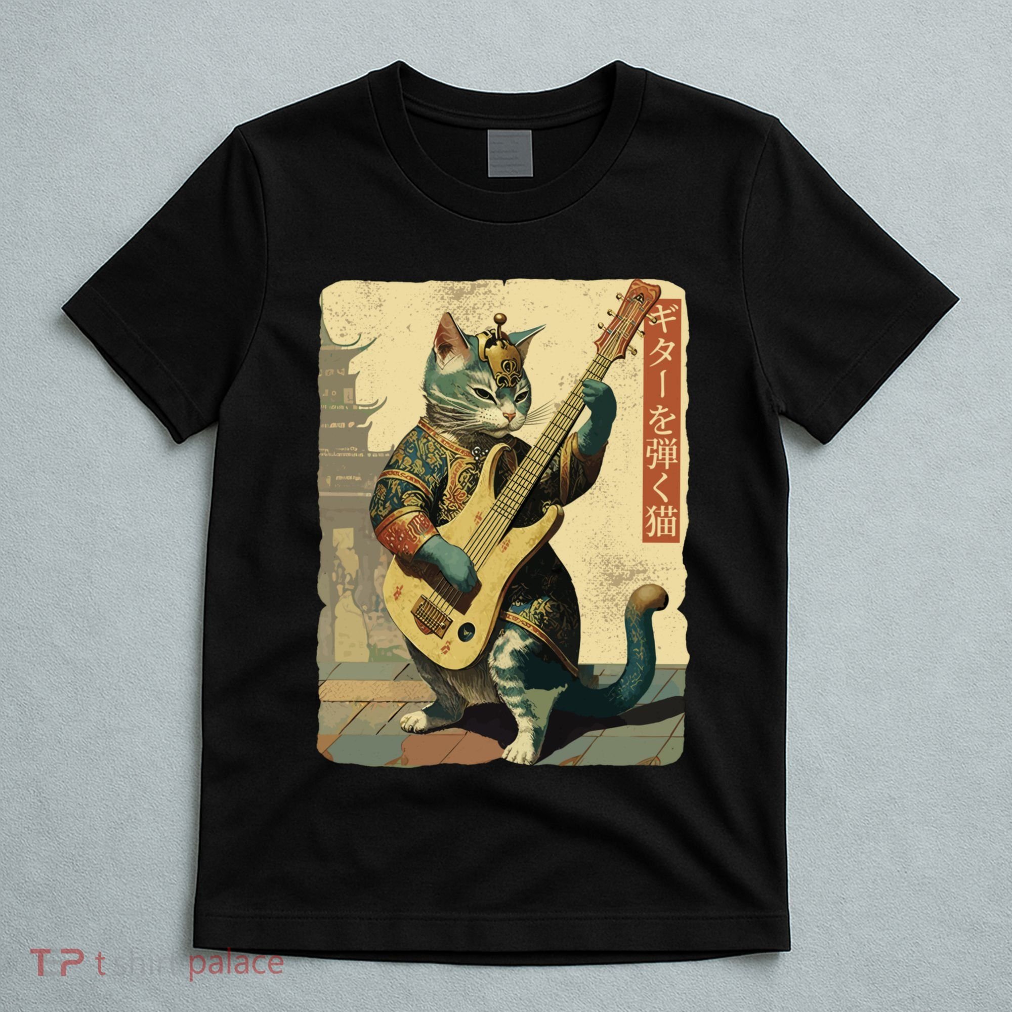 Japanese Cat Princess Playing The Electric Guitar Japanese Samurai Guitar Player T-Shirt